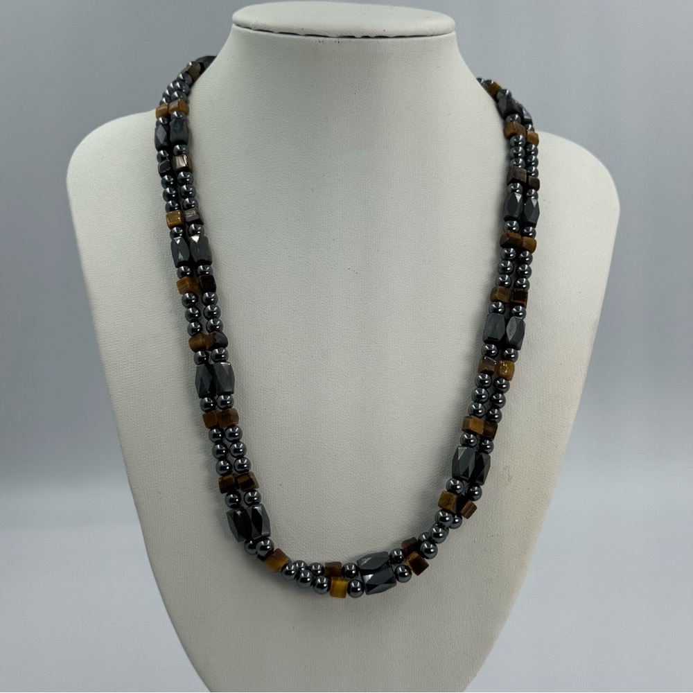 Long Magnetic Hematite and Tigers Eye Open ended Necklace or Wrap Bracelet